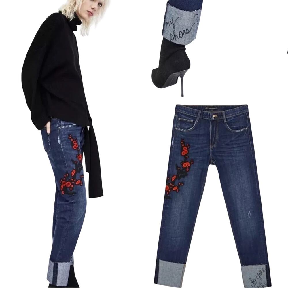 Zara Floral Rose Embroidered Cigarette Ankle Jeans Raw Hem Blue NWT 2